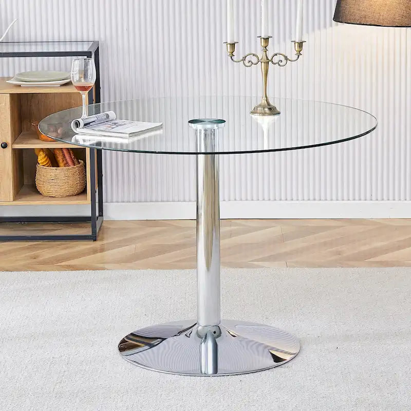 Table de salle à manger ronde avec élégant plateau en verre et pieds métalliques robustes