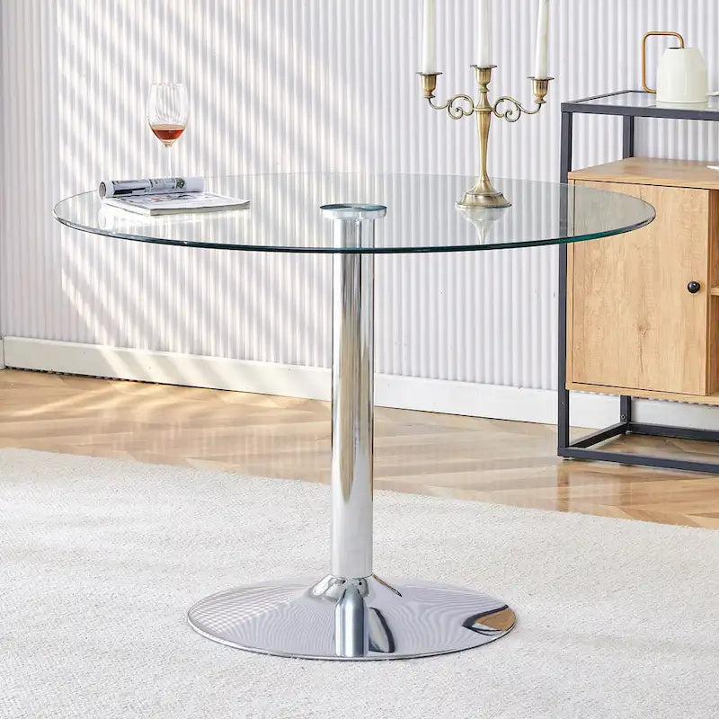 Table de salle à manger ronde avec élégant plateau en verre et pieds métalliques robustes