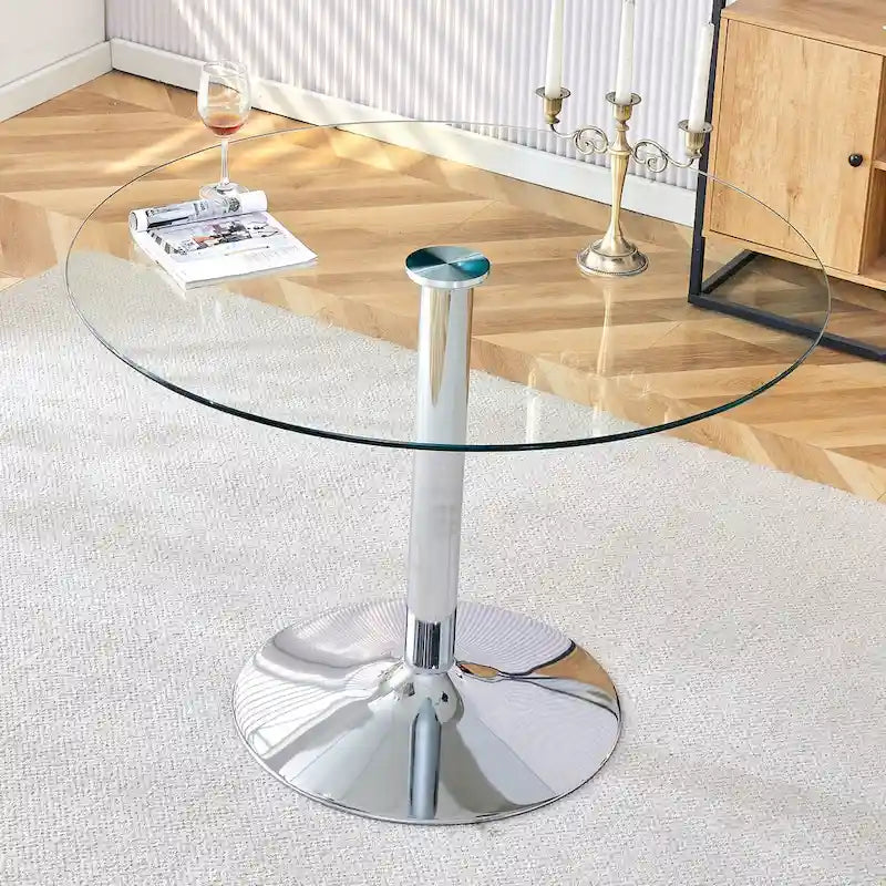 Table de salle à manger ronde avec élégant plateau en verre et pieds métalliques robustes
