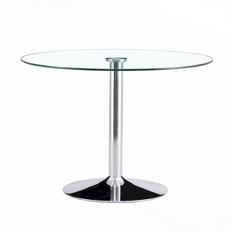 Table de salle à manger ronde avec élégant plateau en verre et pieds métalliques robustes