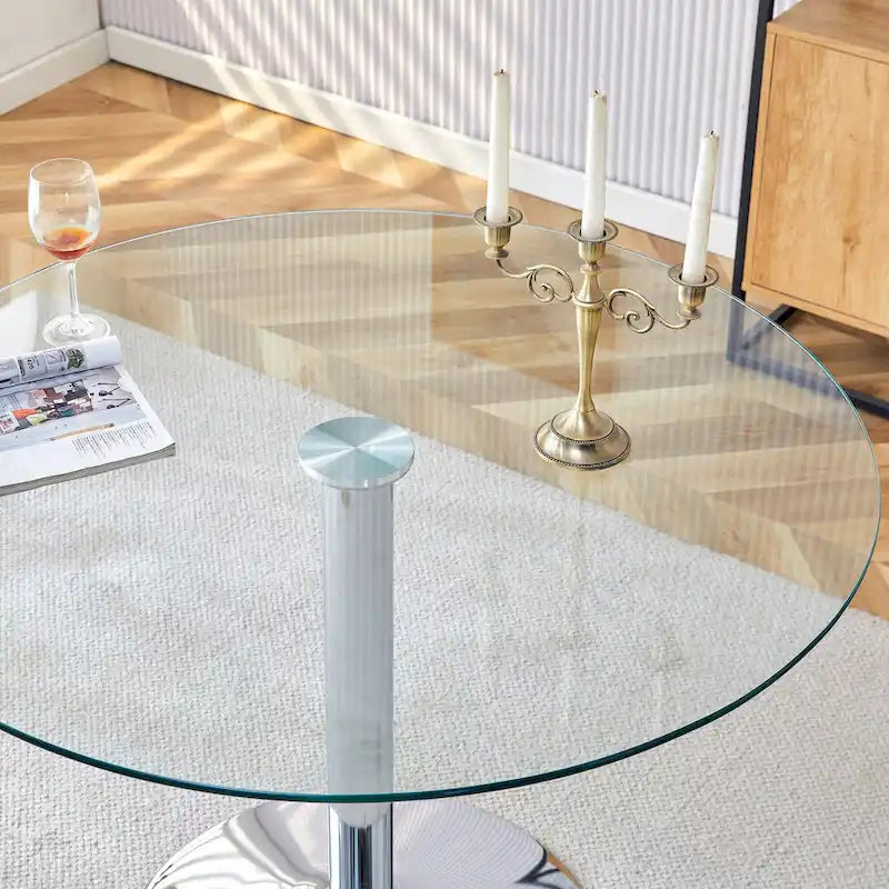 Table de salle à manger ronde avec élégant plateau en verre et pieds métalliques robustes