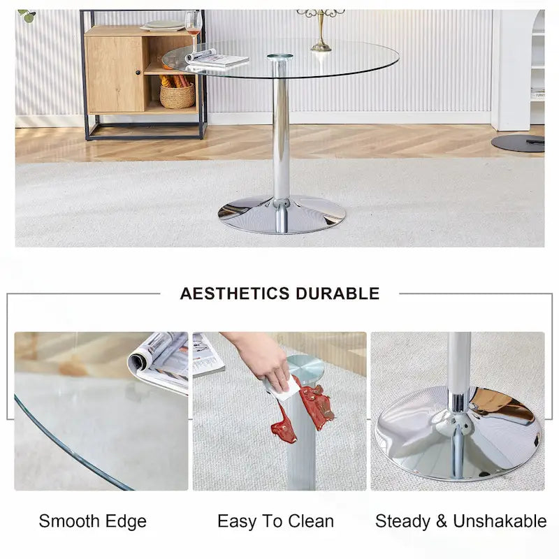 Table de salle à manger ronde avec élégant plateau en verre et pieds métalliques robustes