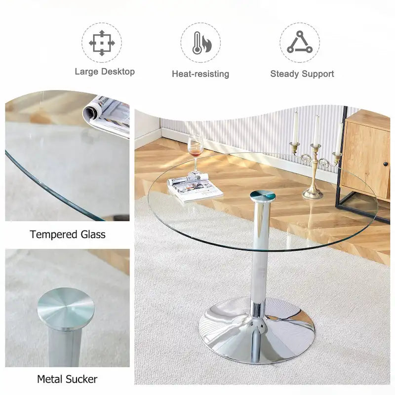 Table de salle à manger ronde avec élégant plateau en verre et pieds métalliques robustes