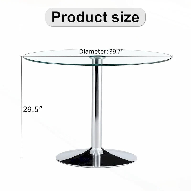 Table de salle à manger ronde avec élégant plateau en verre et pieds métalliques robustes