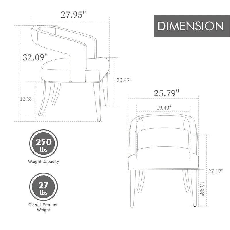 Fauteuil d’appoint rembourré, dossier ouvert et forme tonneau