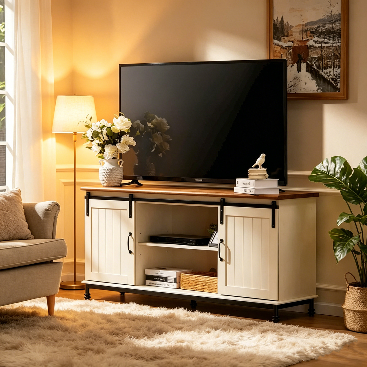 Meuble télé/rangement/meuble de divertissement avec porte de grange coulissante