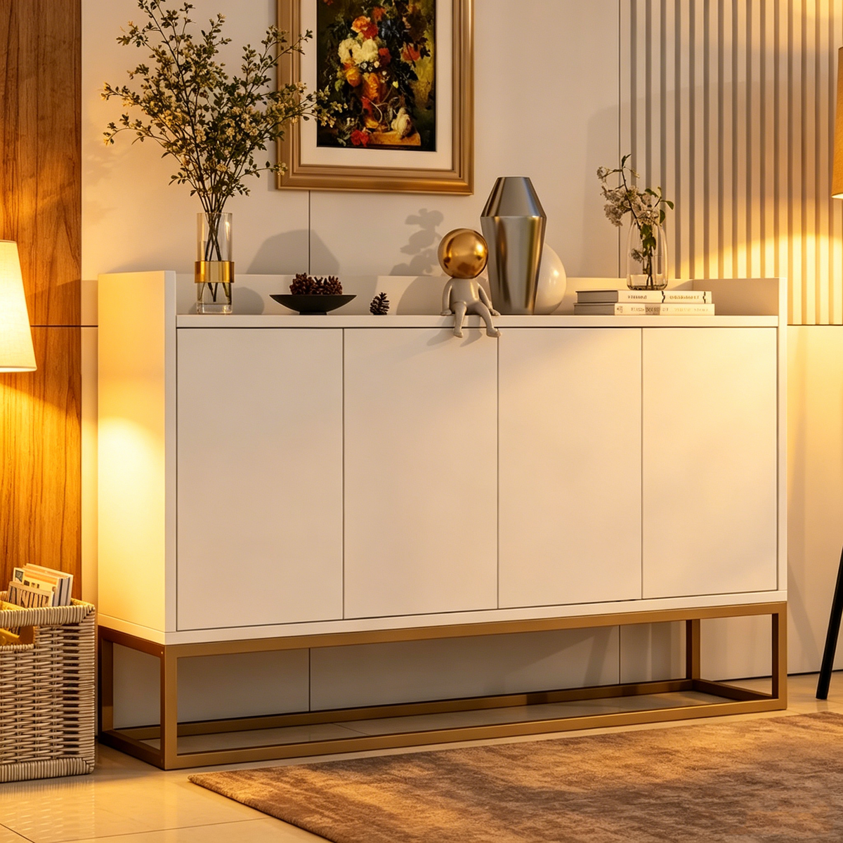 47.2 modernes Sideboard mit 4 Türen und Metallsockel