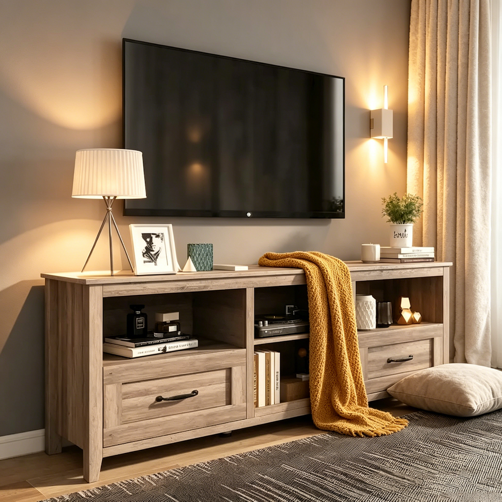 Mueble para TV gris con cajones de almacenamiento y gestión de cables