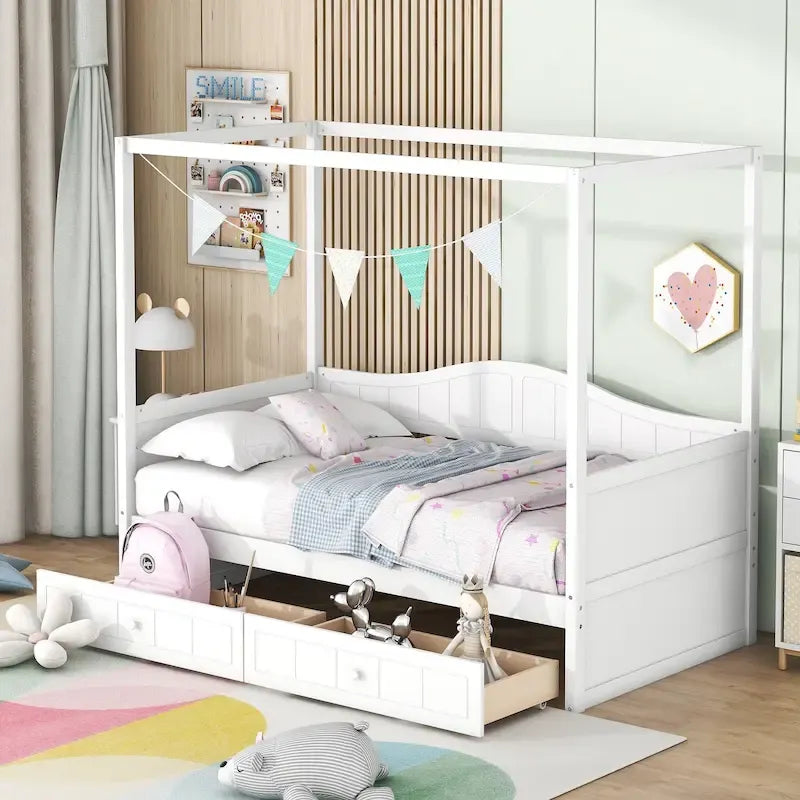 Cama diván con dosel de madera tamaño individual y 2 cajones