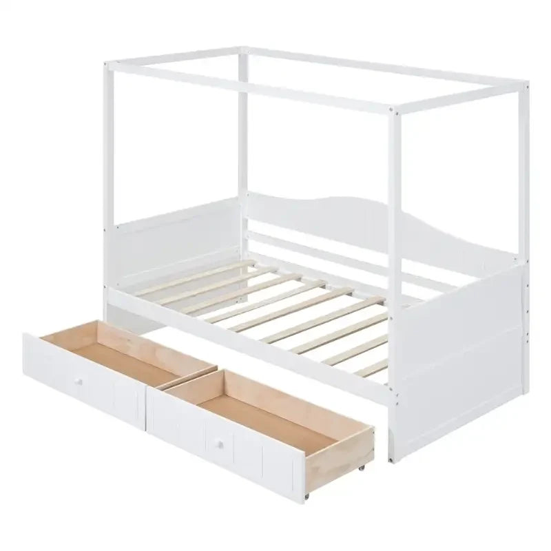 Cama diván con dosel de madera tamaño individual y 2 cajones