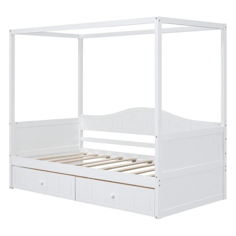 Cama diván con dosel de madera tamaño individual y 2 cajones