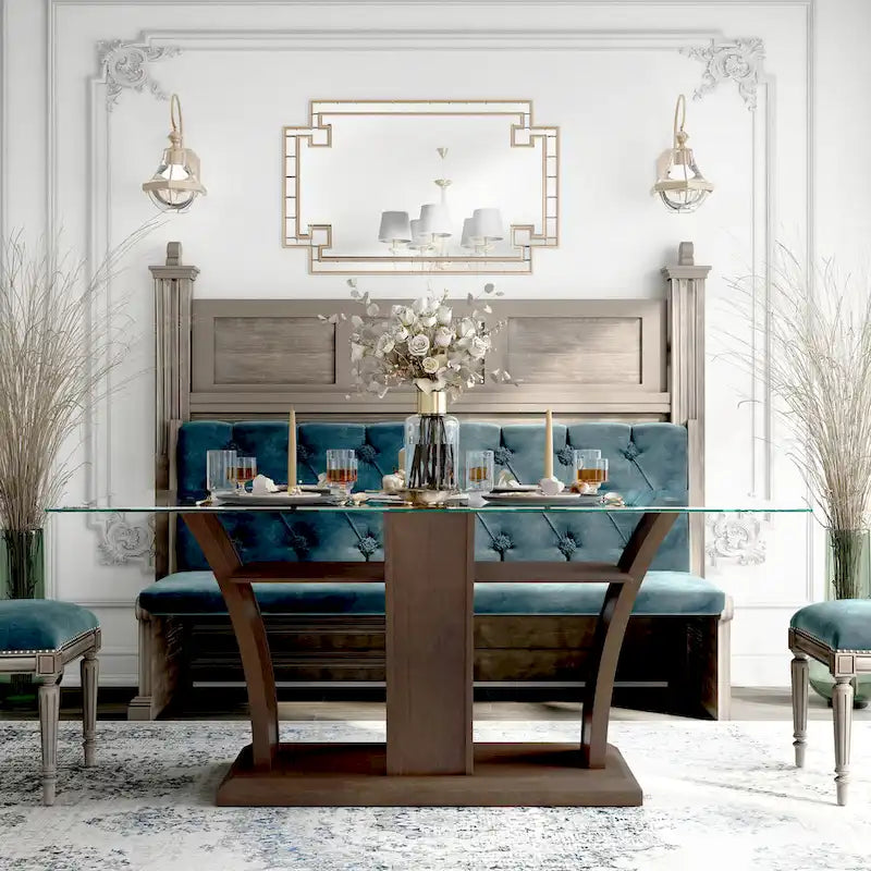 Cette table à manger moderne en cerisier de 72 pouces avec plateau en verre