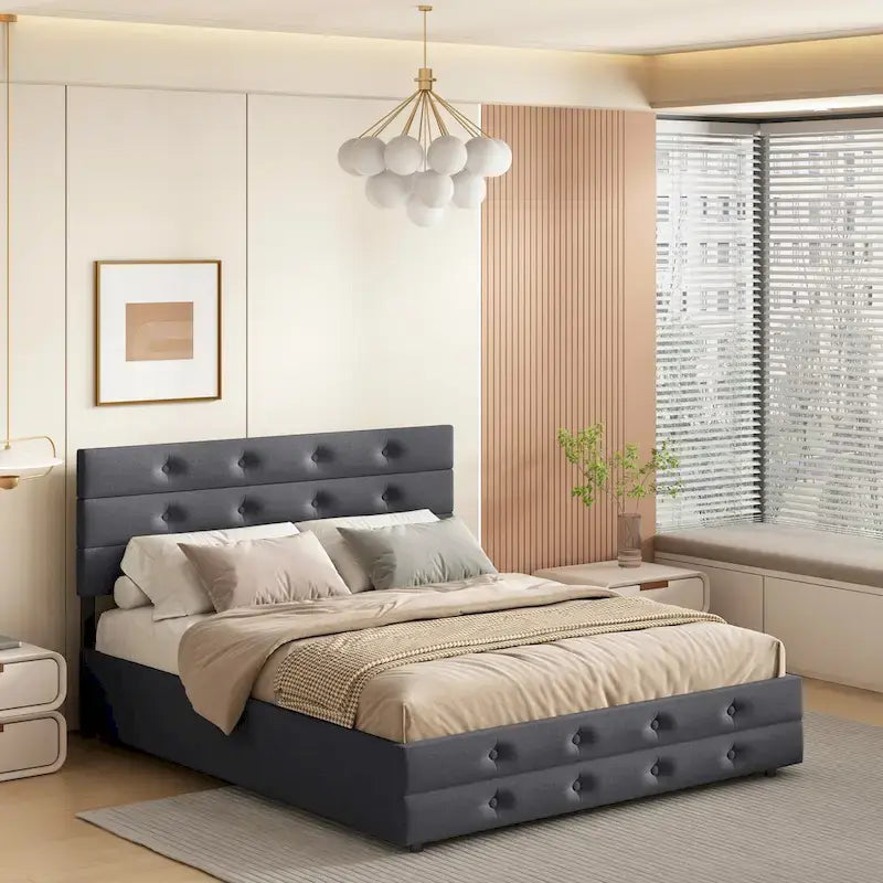 Cama nido tapizada tamaño queen de tela de lino con cajones, gris