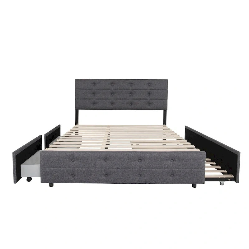 Cama nido tapizada tamaño queen de tela de lino con cajones, gris