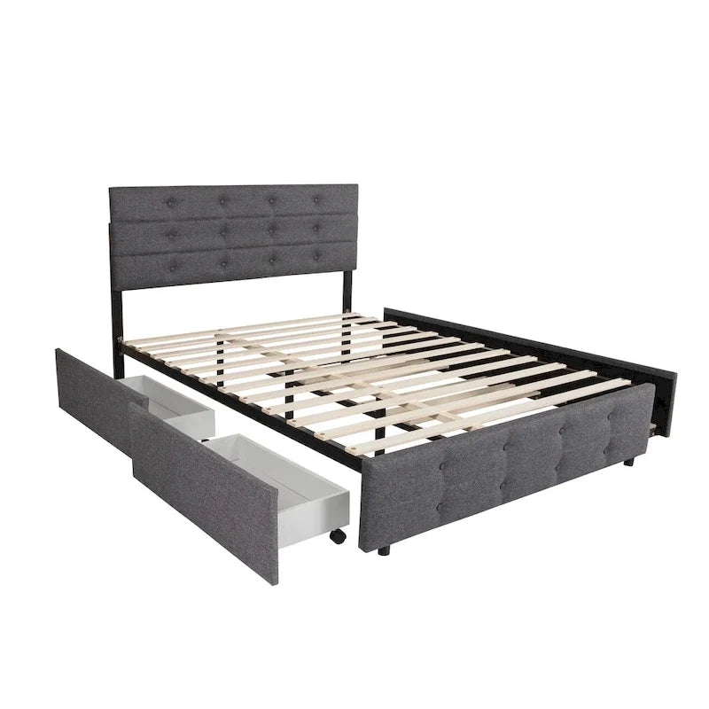 Cama nido tapizada tamaño queen de tela de lino con cajones, gris