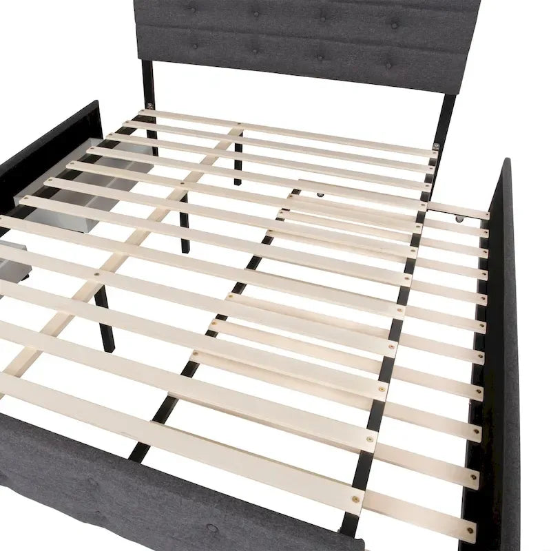 Cama nido tapizada tamaño queen de tela de lino con cajones, gris