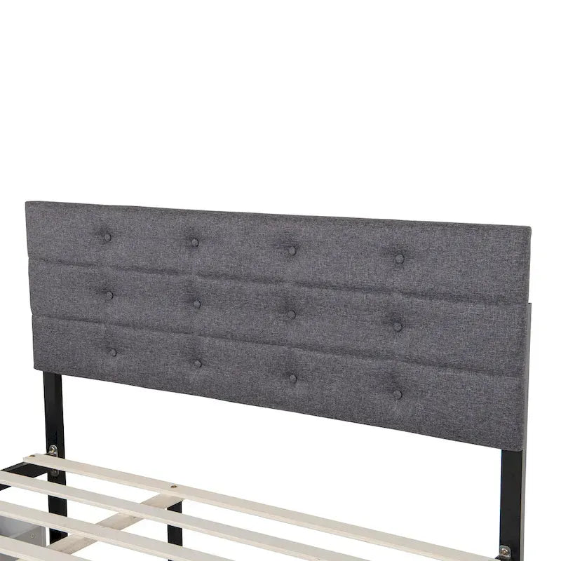 Cama nido tapizada tamaño queen de tela de lino con cajones, gris