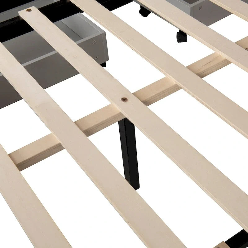 Cama nido tapizada tamaño queen de tela de lino con cajones, gris