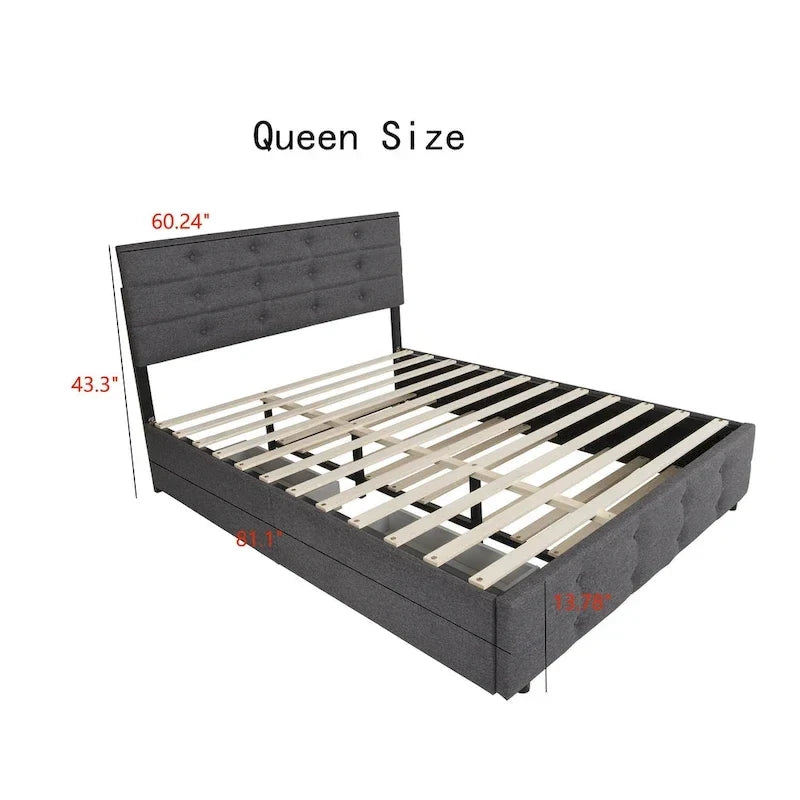 Cama nido tapizada tamaño queen de tela de lino con cajones, gris