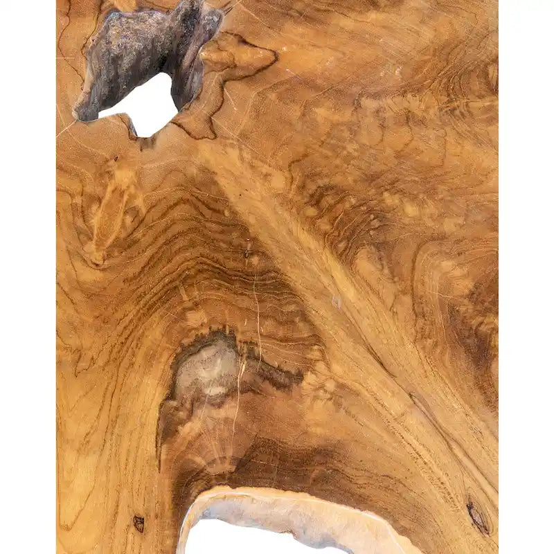 Elevador de teca con borde natural y base de hierro