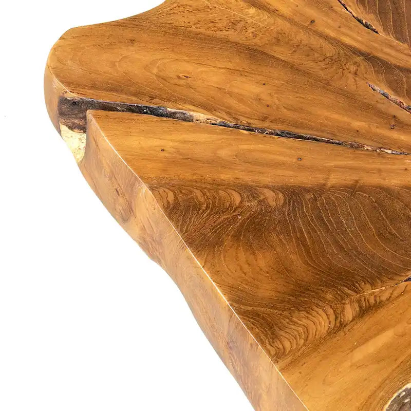 Elevador de teca con borde natural y base de hierro