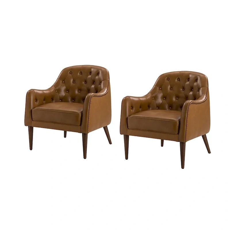 Sillón clásico de cuero genuino con patas de madera y respaldo capitoné