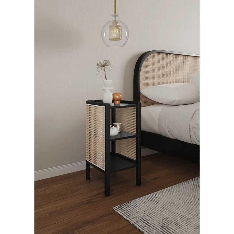 Manhattan Comfort Versailles End Table in Black and Natural Cane