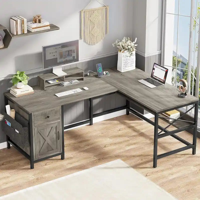 Bureau d’ordinateur en L avec tiroir, multiprise et placard de rangement L