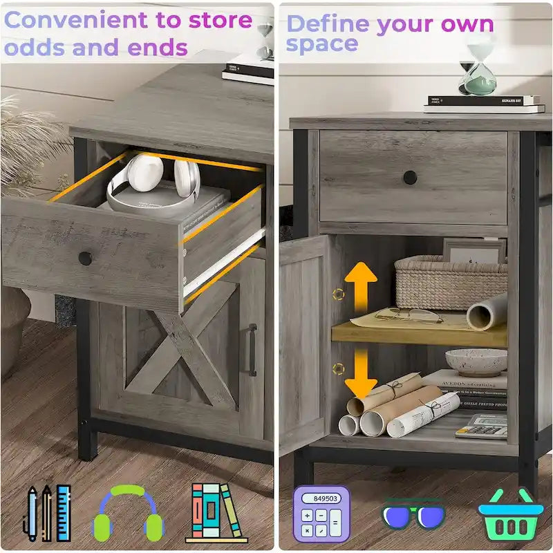 Bureau d’ordinateur en L avec tiroir, multiprise et placard de rangement L