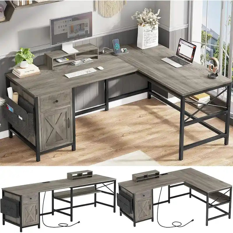 Bureau d’ordinateur en L avec tiroir, multiprise et placard de rangement L