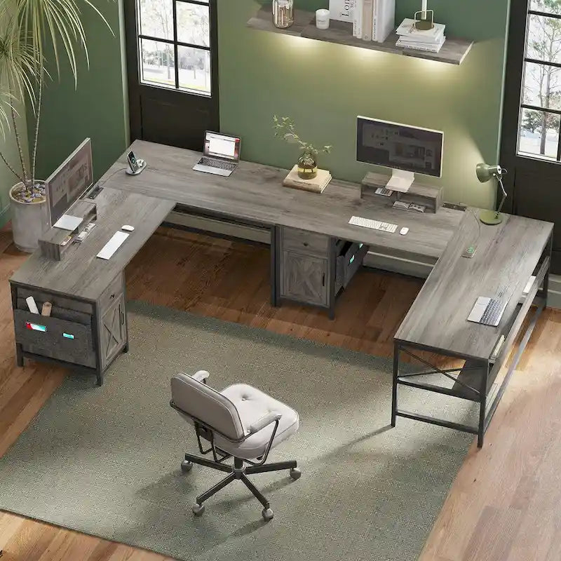 Bureau d’ordinateur en L avec tiroir, multiprise et placard de rangement L