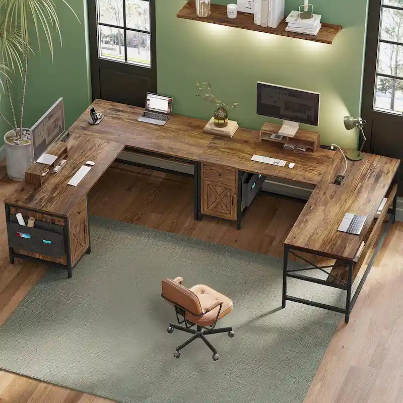 Bureau d’ordinateur en L avec tiroir, multiprise et placard de rangement L
