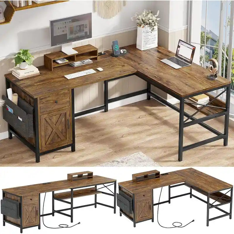 Bureau d’ordinateur en L avec tiroir, multiprise et placard de rangement L