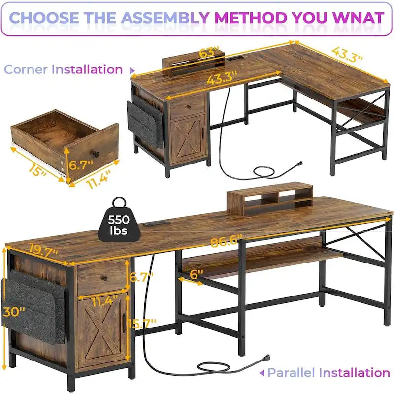 Bureau d’ordinateur en L avec tiroir, multiprise et placard de rangement L