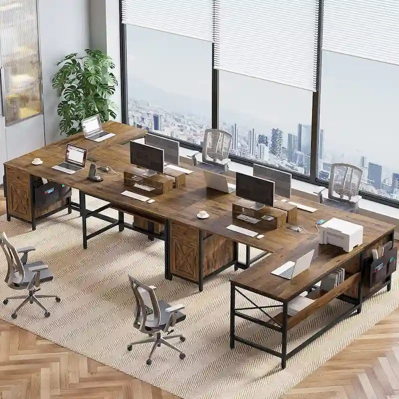 Bureau d’ordinateur en L avec tiroir, multiprise et placard de rangement L