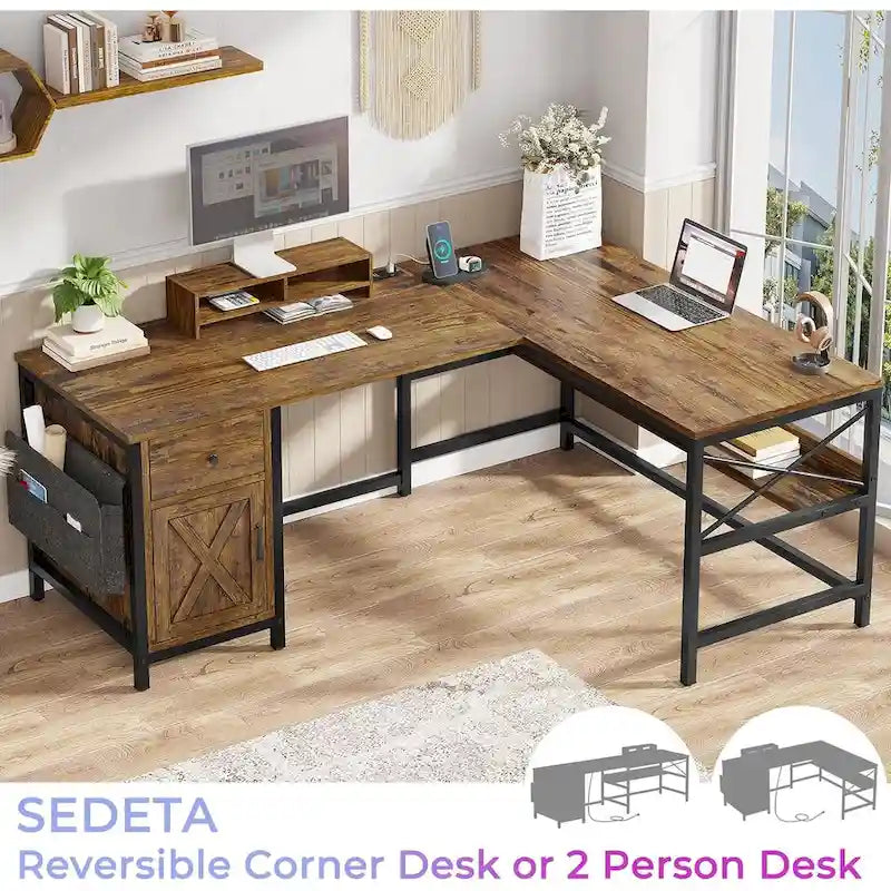 Bureau d’ordinateur en L avec tiroir, multiprise et placard de rangement L