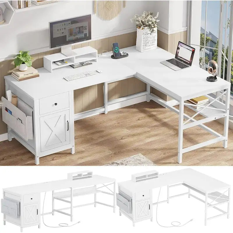 Bureau d’ordinateur en L avec tiroir, multiprise et placard de rangement L