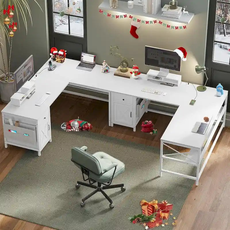 Bureau d’ordinateur en L avec tiroir, multiprise et placard de rangement L