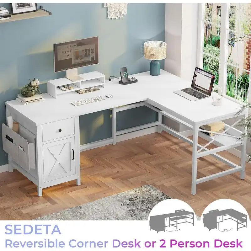Bureau d’ordinateur en L avec tiroir, multiprise et placard de rangement L