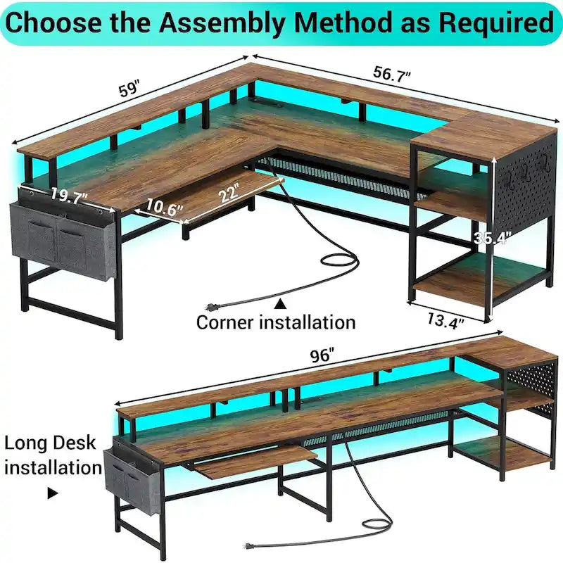 Bureau d’ordinateur en forme de L, bureau de jeu avec plateau pour clavier, prises électriques et éclairage LED