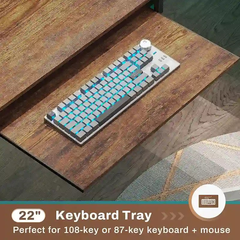 Bureau d’ordinateur en forme de L, bureau de jeu avec plateau pour clavier, prises électriques et éclairage LED