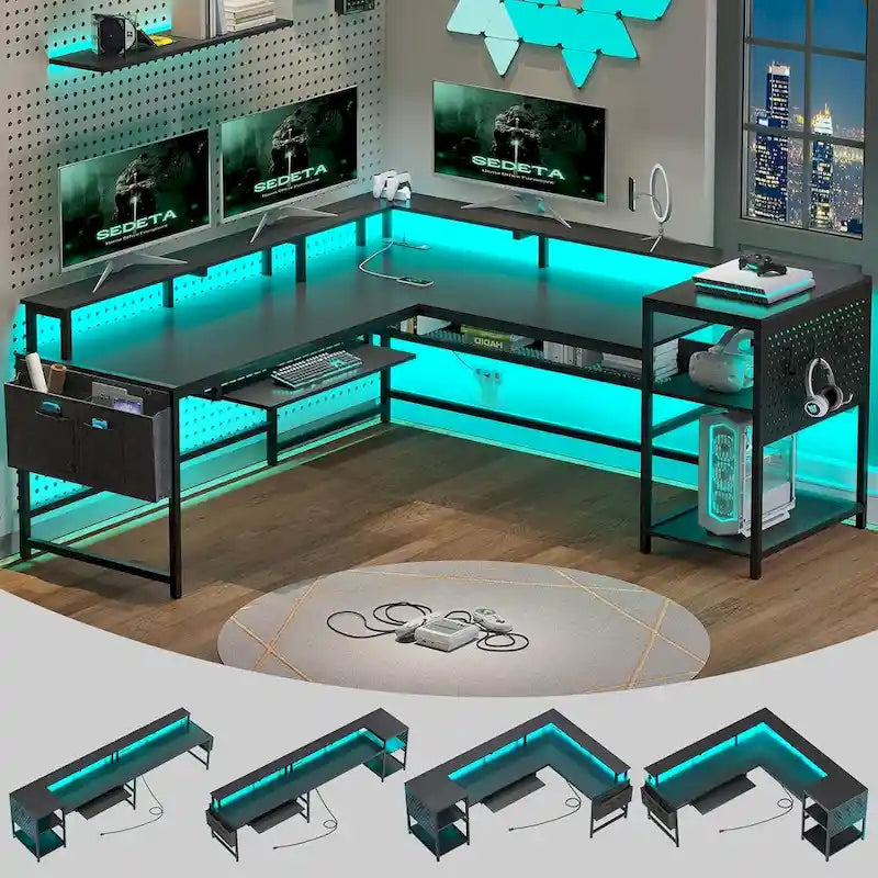 Bureau d’ordinateur en forme de L, bureau de jeu avec plateau pour clavier, prises électriques et éclairage LED
