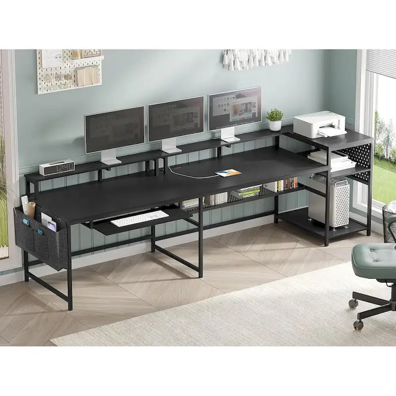 Bureau d’ordinateur en forme de L, bureau de jeu avec plateau pour clavier, prises électriques et éclairage LED
