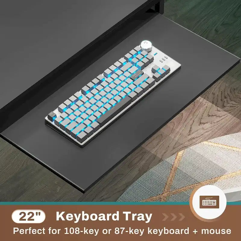 Bureau d’ordinateur en forme de L, bureau de jeu avec plateau pour clavier, prises électriques et éclairage LED