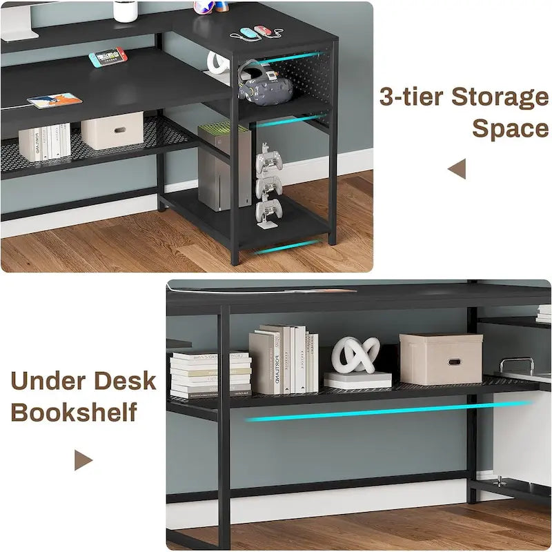 Bureau d’ordinateur en forme de L, bureau de jeu avec plateau pour clavier, prises électriques et éclairage LED