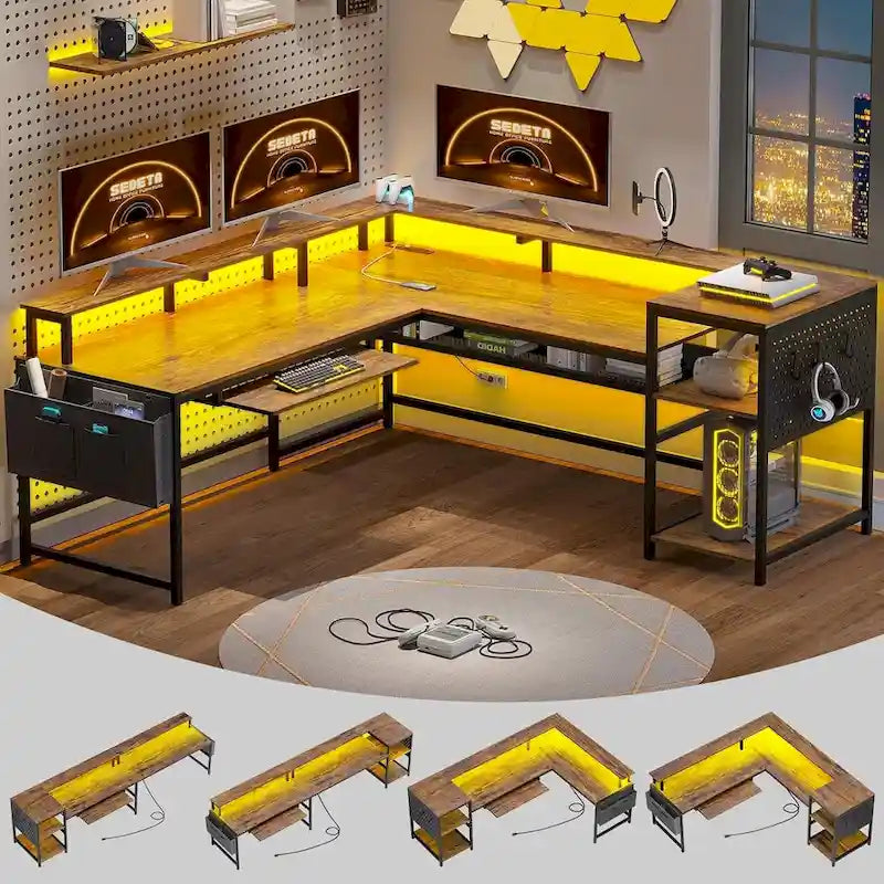 Bureau d’ordinateur en forme de L, bureau de jeu avec plateau pour clavier, prises électriques et éclairage LED