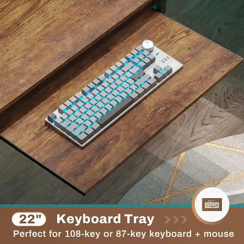 Bureau d’ordinateur en forme de L, bureau de jeu avec plateau pour clavier, prises électriques et éclairage LED