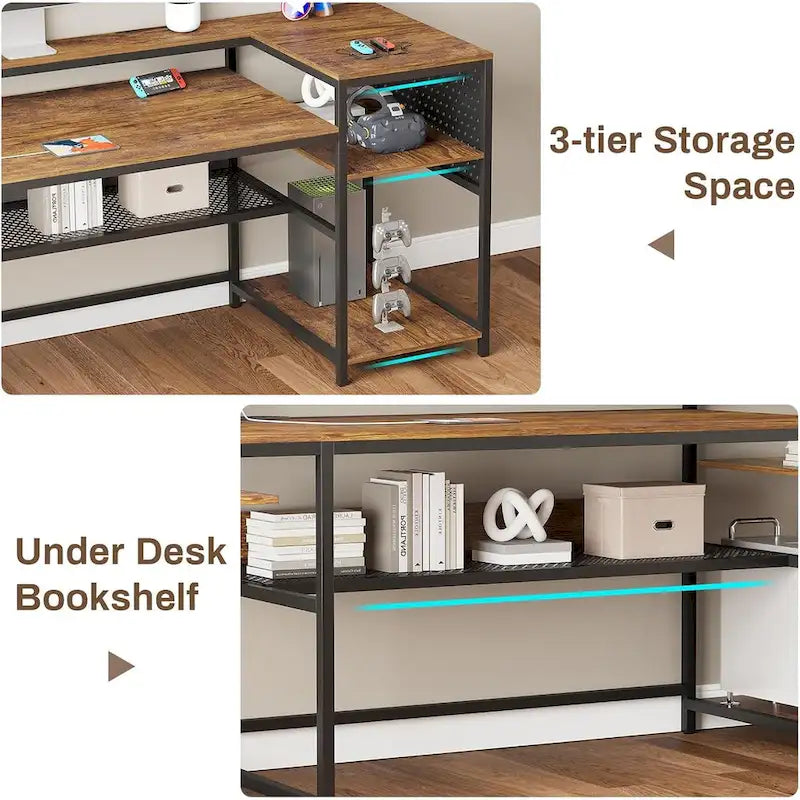 Bureau d’ordinateur en forme de L, bureau de jeu avec plateau pour clavier, prises électriques et éclairage LED