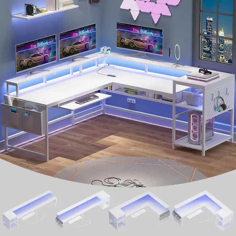 Bureau d’ordinateur en forme de L, bureau de jeu avec plateau pour clavier, prises électriques et éclairage LED