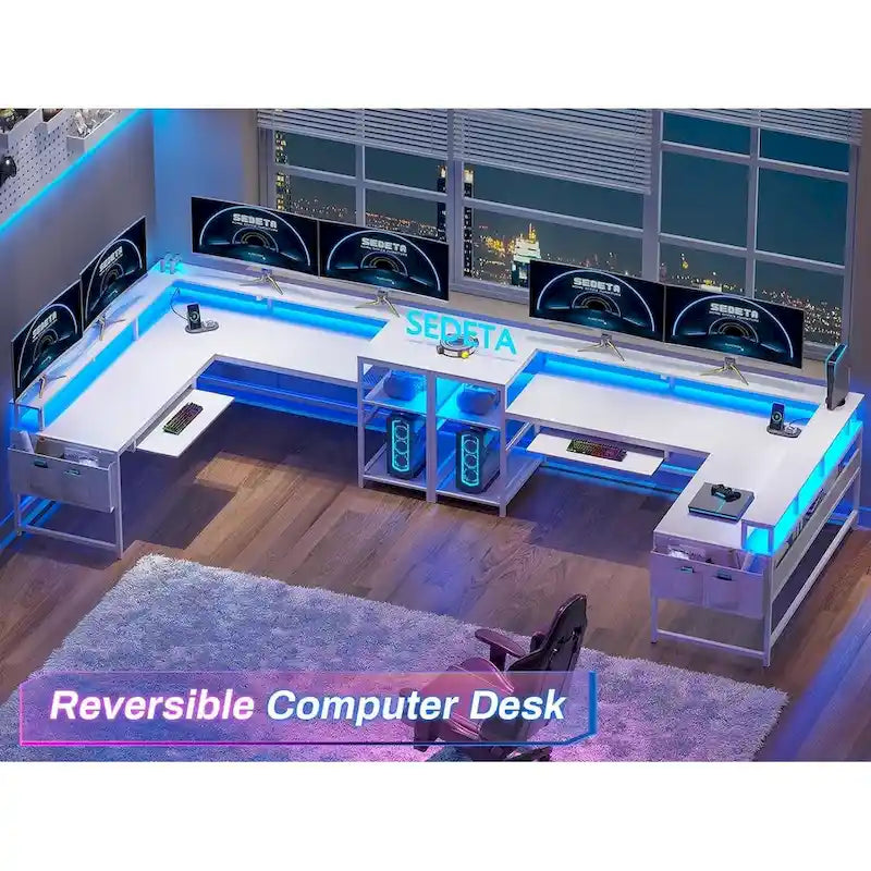 Bureau d’ordinateur en forme de L, bureau de jeu avec plateau pour clavier, prises électriques et éclairage LED